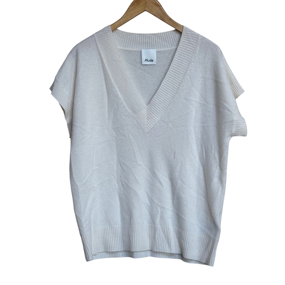 Allude Womens Cashmere V-Neck Sweater Vest Off White Sleeveless Knit Top